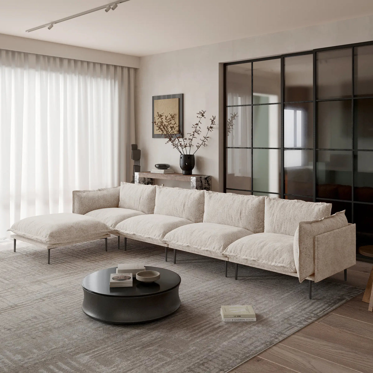 Deluxe Cloud 4-Seater Brown Modular L-Shaped Sectional | 5-Piece (includes 1 Ottoman), Velvet Fabric, Spacious Design