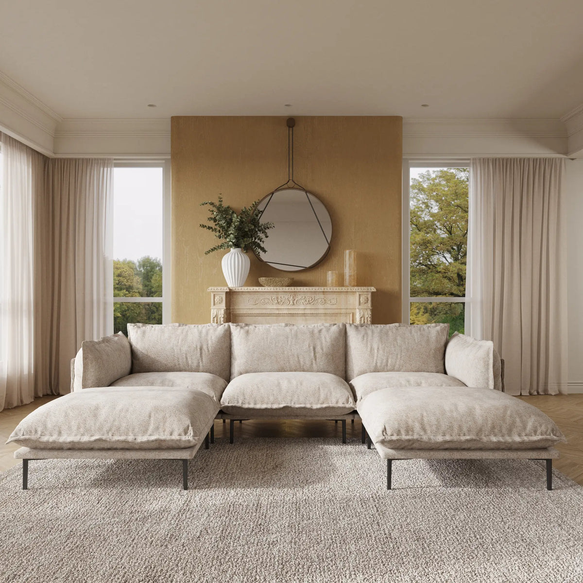 Deluxe Cloud 3-Seater Brown Modular U-Shaped Sectional | 5-Piece (includes 2 Ottomans), Velvet Fabric, Spacious Design