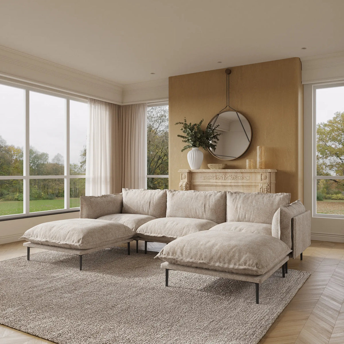 Deluxe Cloud 3-Seater Brown Modular U-Shaped Sectional | 5-Piece (includes 2 Ottomans), Velvet Fabric, Spacious Design