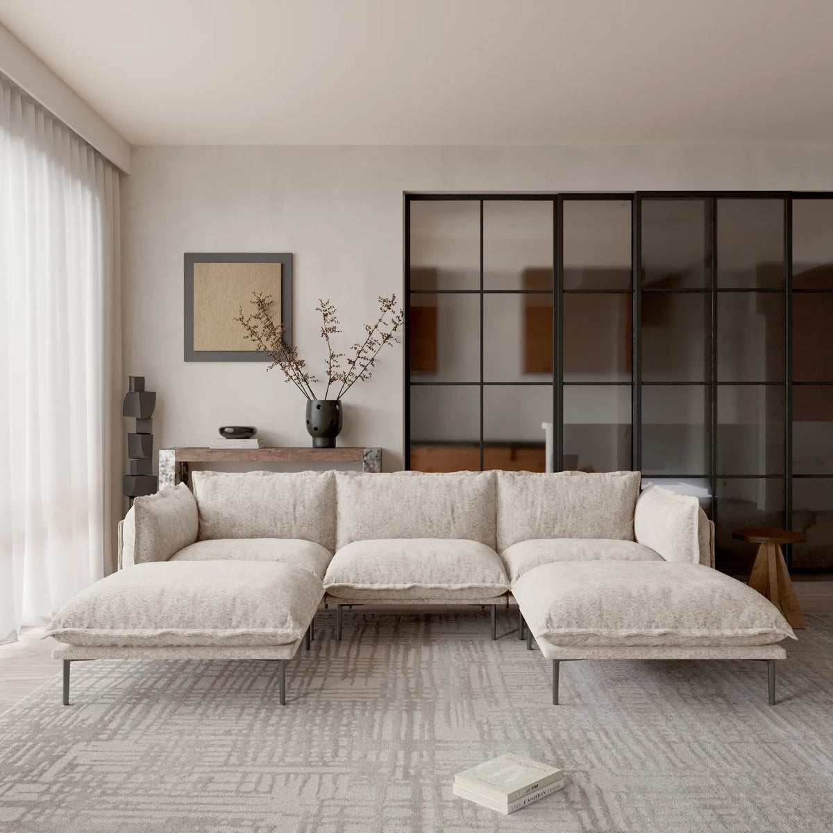 Deluxe Cloud 3-Seater Brown Modular U-Shaped Sectional | 5-Piece (includes 2 Ottomans), Velvet Fabric, Spacious Design