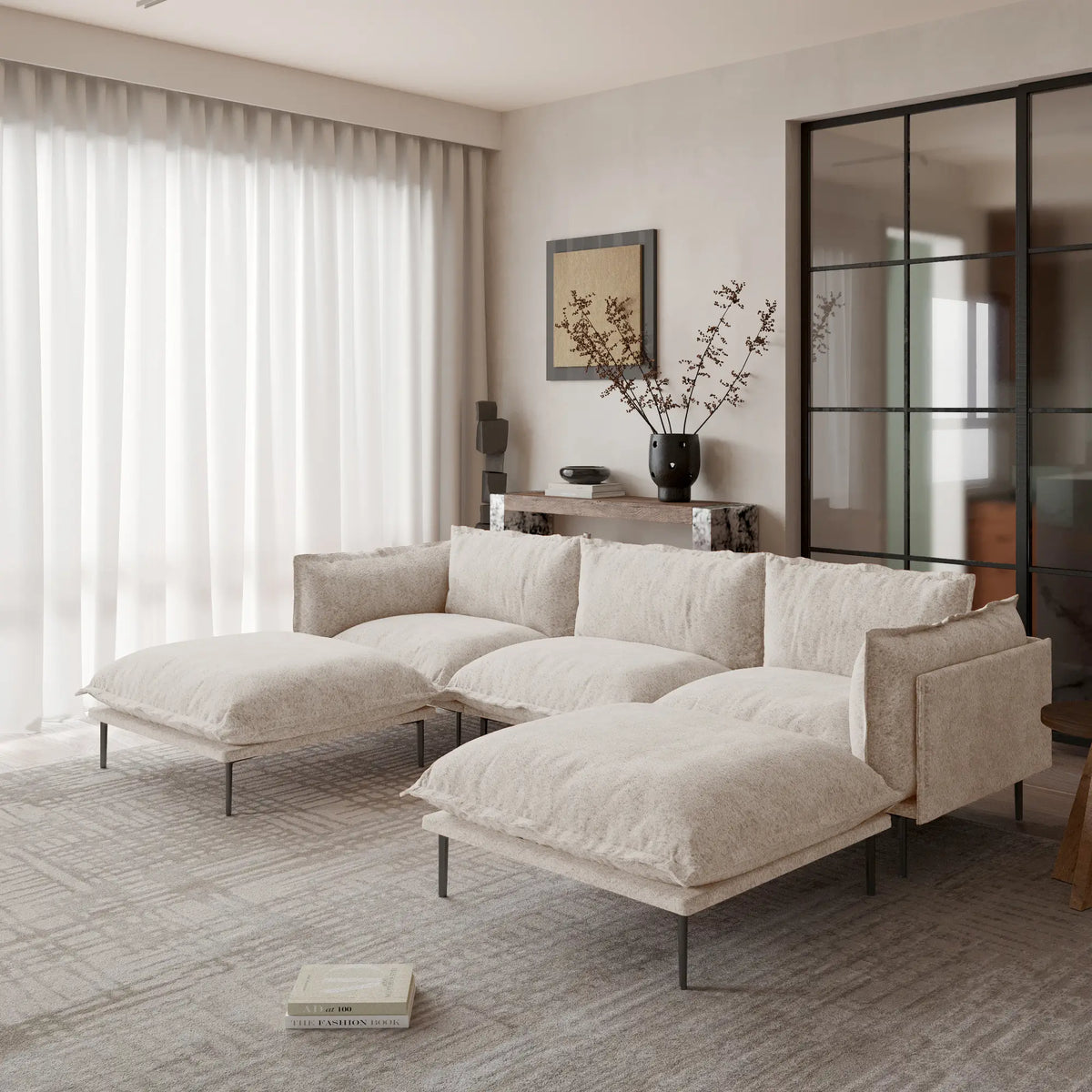 Deluxe Cloud 3-Seater Brown Modular U-Shaped Sectional | 5-Piece (includes 2 Ottomans), Velvet Fabric, Spacious Design