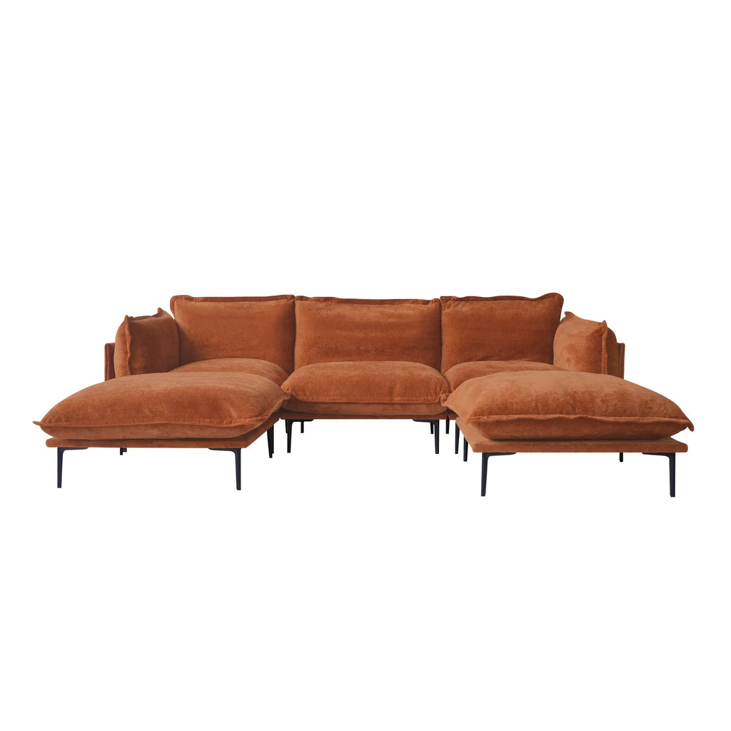 Deluxe Cloud 3-Seater Orange Modular U-Shaped Sectional | 5-Piece (includes 2 Ottomans), Velvet Fabric, Roomy Layout