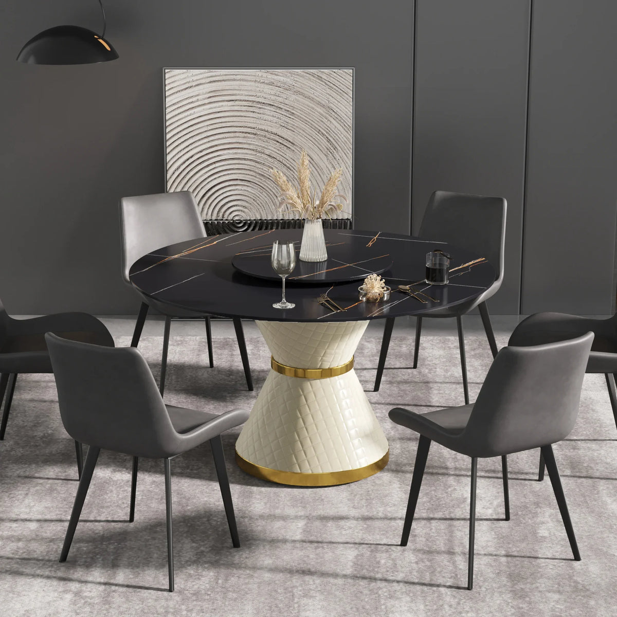 Marbella Sintered Stone Dining Table | 53" Matte Black Round With Lazy Susan Turntable