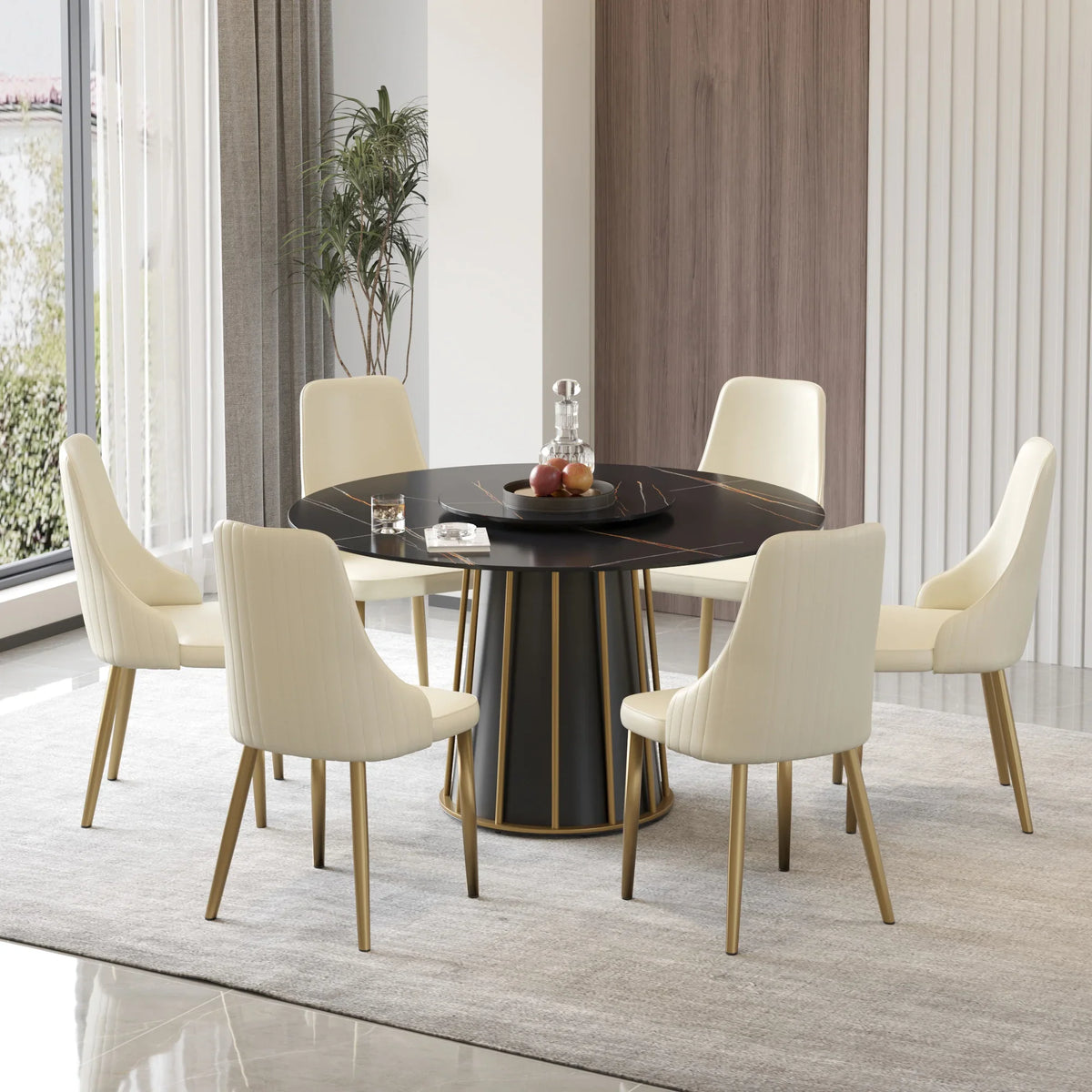 Marbella Sintered Stone Dining Table | 53" Matte Black Round With Lazy Susan Turntable