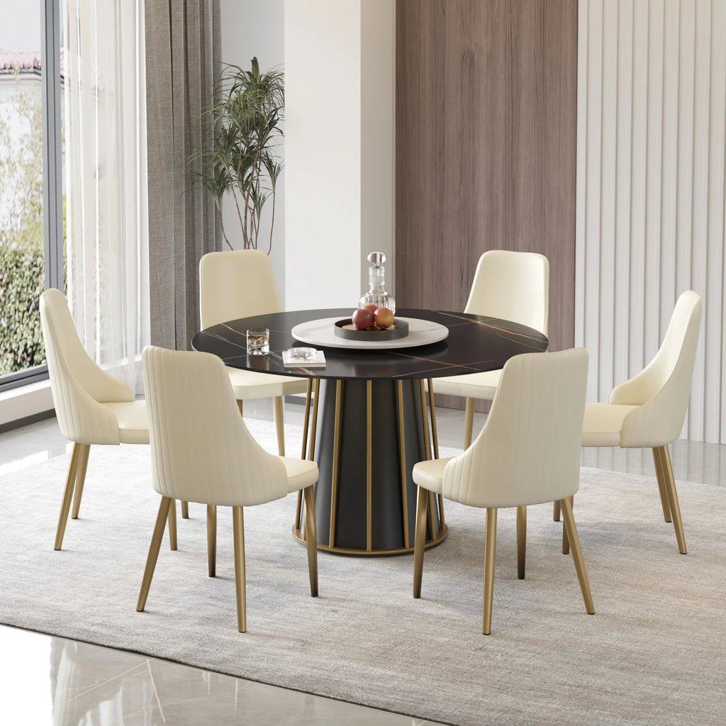 Marbella Sintered Stone Dining Table | 53" Matte Black Round With Lazy Susan Turntable