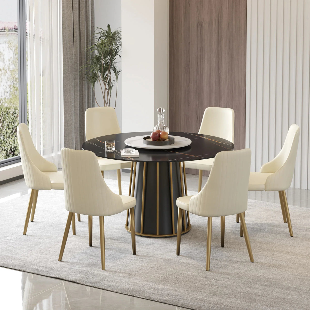 Marbella Sintered Stone Dining Table | 53" Matte Black Round With Lazy Susan Turntable