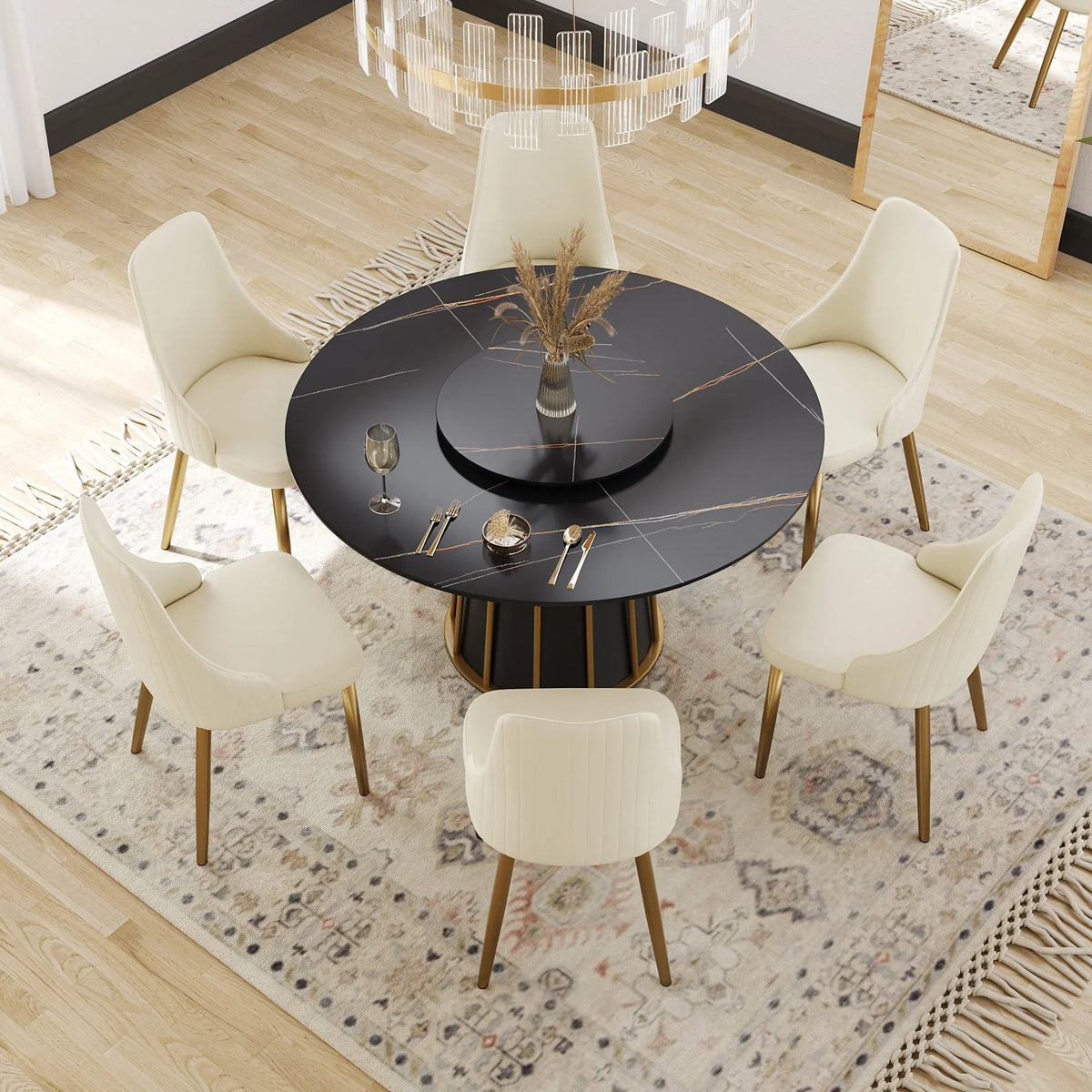 Marbella Sintered Stone Dining Table | 53" Matte Black Round With Lazy Susan Turntable