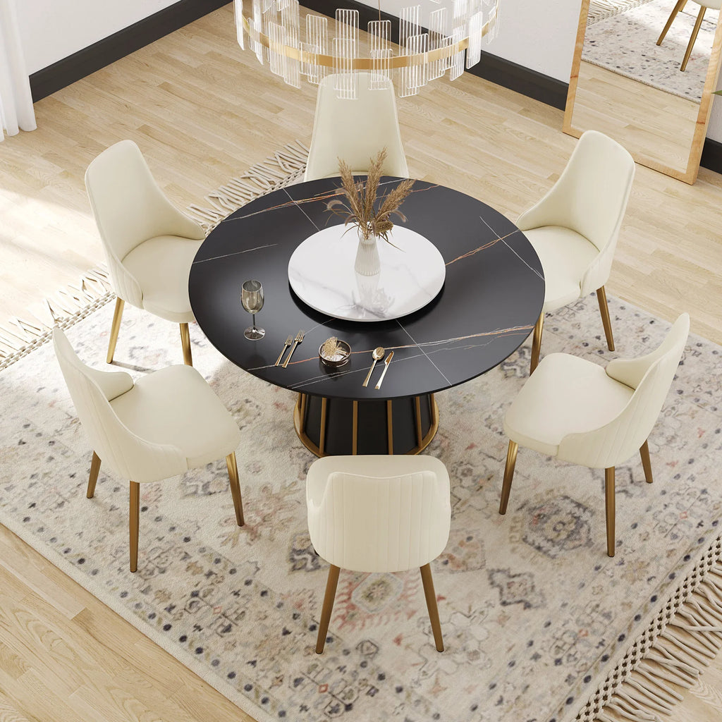 Marbella Sintered Stone Dining Table | 53" Matte Black Round With Lazy Susan Turntable