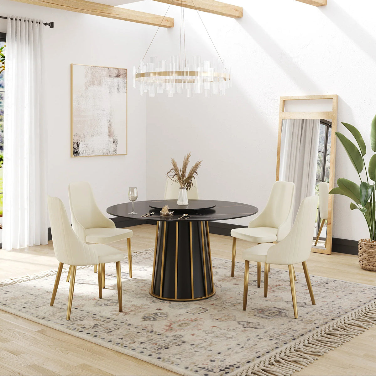 Marbella Sintered Stone Dining Table | 53" Matte Black Round With Lazy Susan Turntable