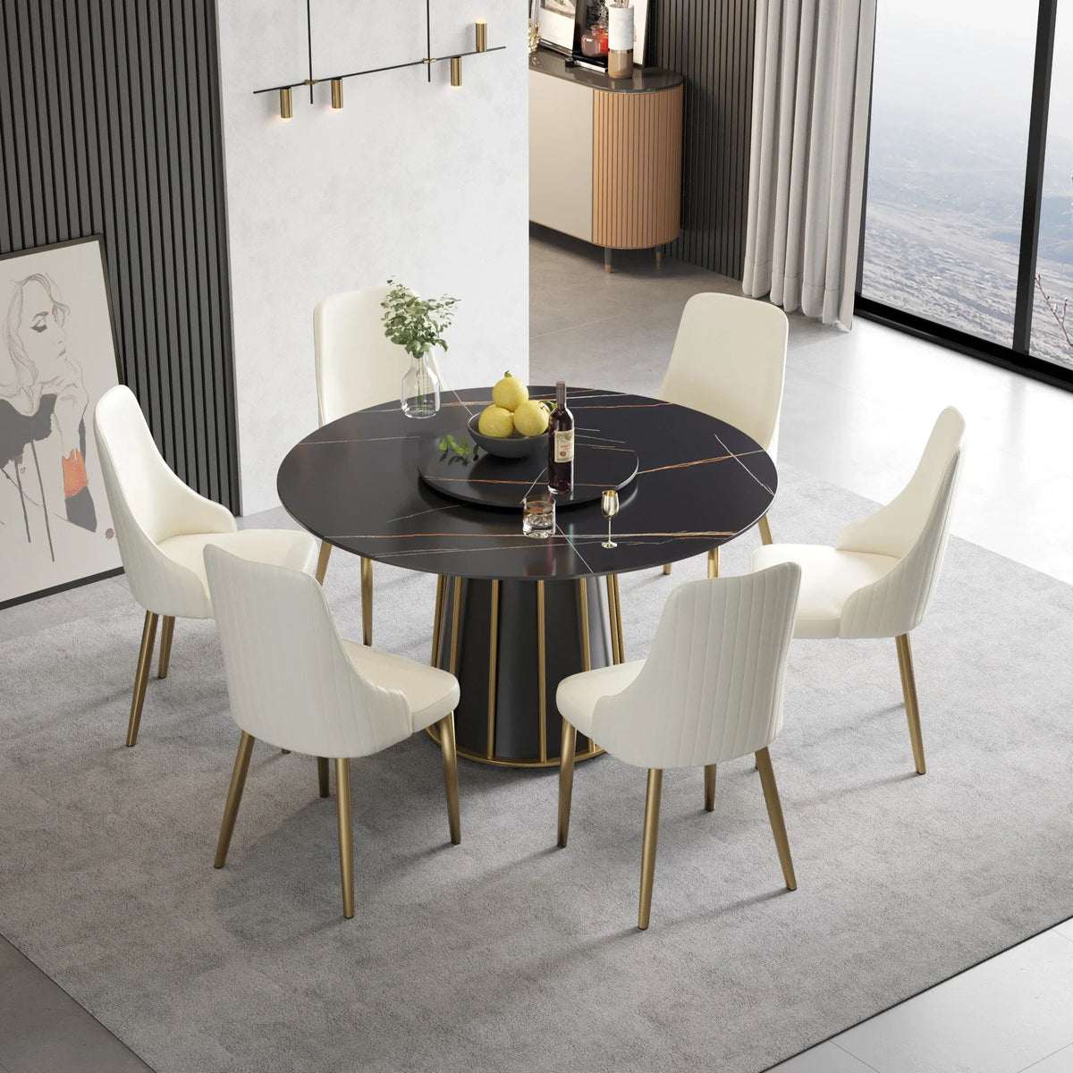 Marbella Sintered Stone Dining Table | 53" Matte Black Round With Lazy Susan Turntable