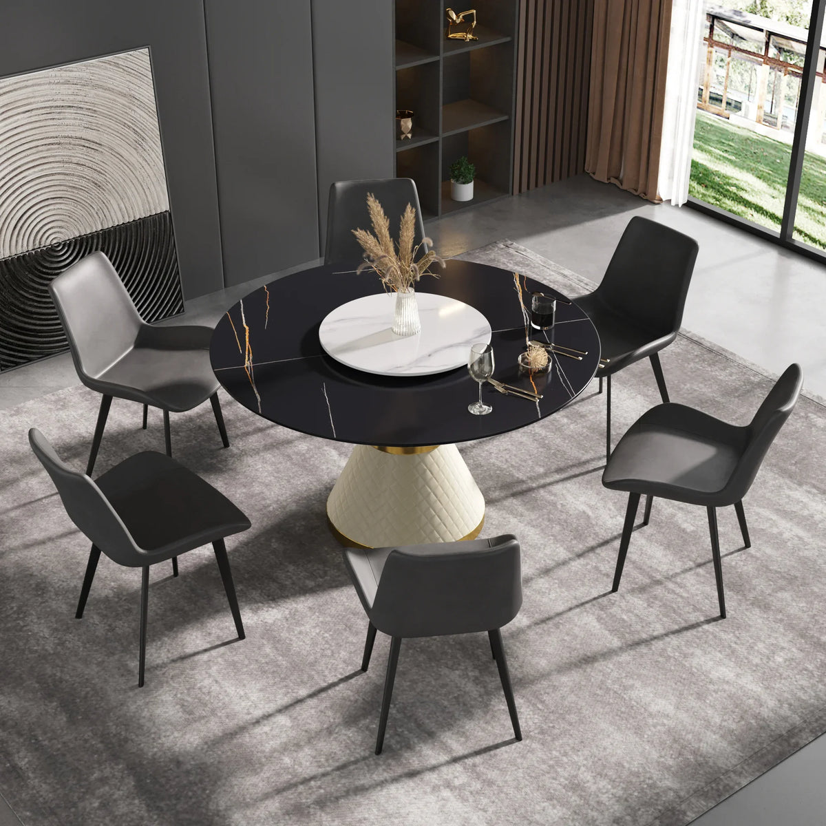 Marbella Sintered Stone Dining Table | 53" Matte Black Round With Lazy Susan Turntable