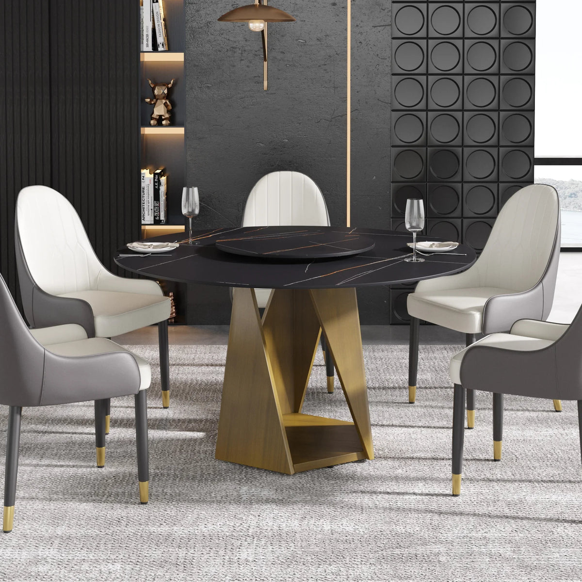 Marbella Sintered Stone Dining Table | 53" Matte Black Round With Lazy Susan Turntable