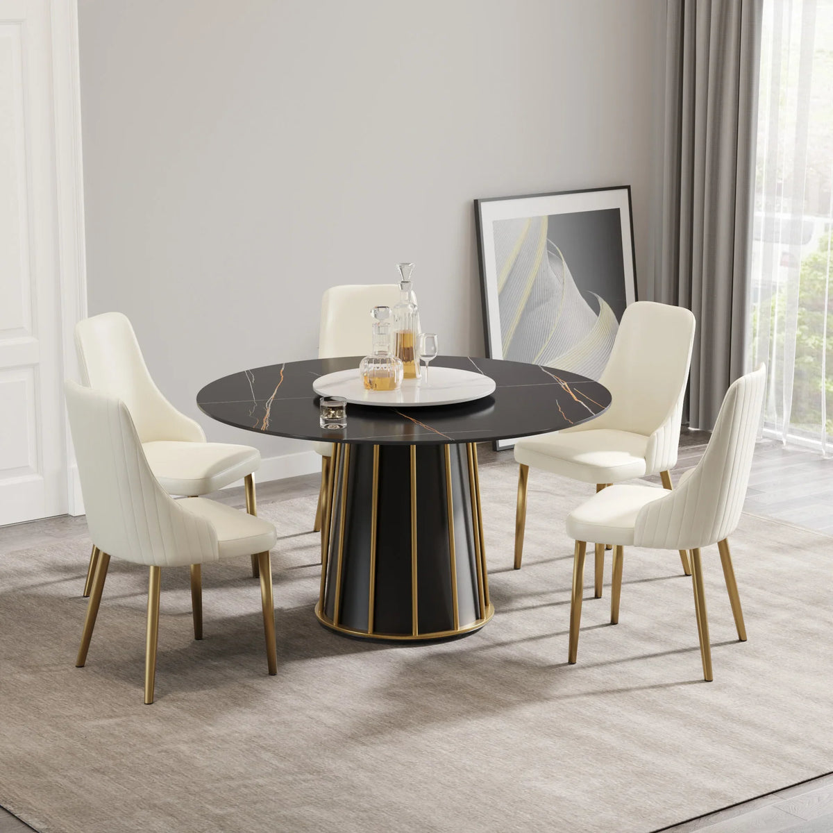 Marbella Sintered Stone Dining Table | 53" Matte Black Round With Lazy Susan Turntable