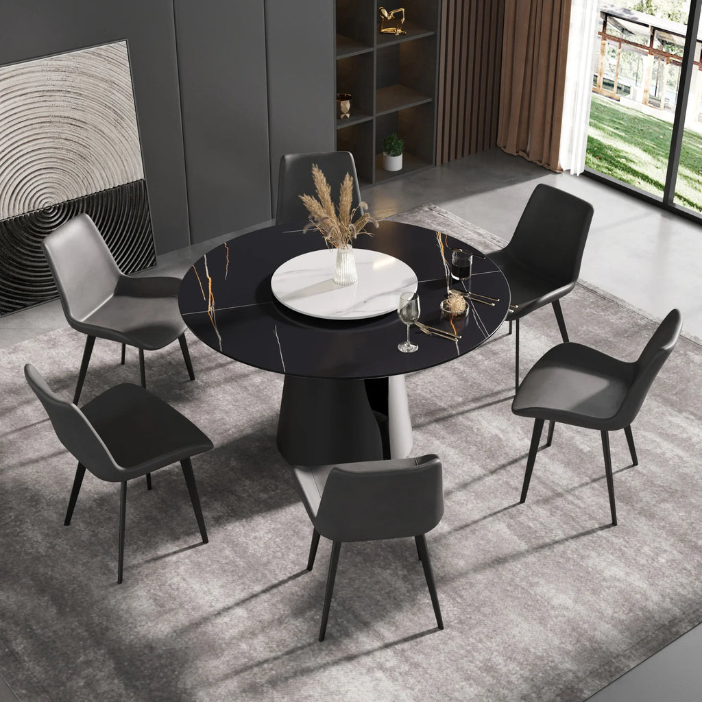 Marbella Sintered Stone Dining Table | 53" Matte Black Round With Lazy Susan Turntable