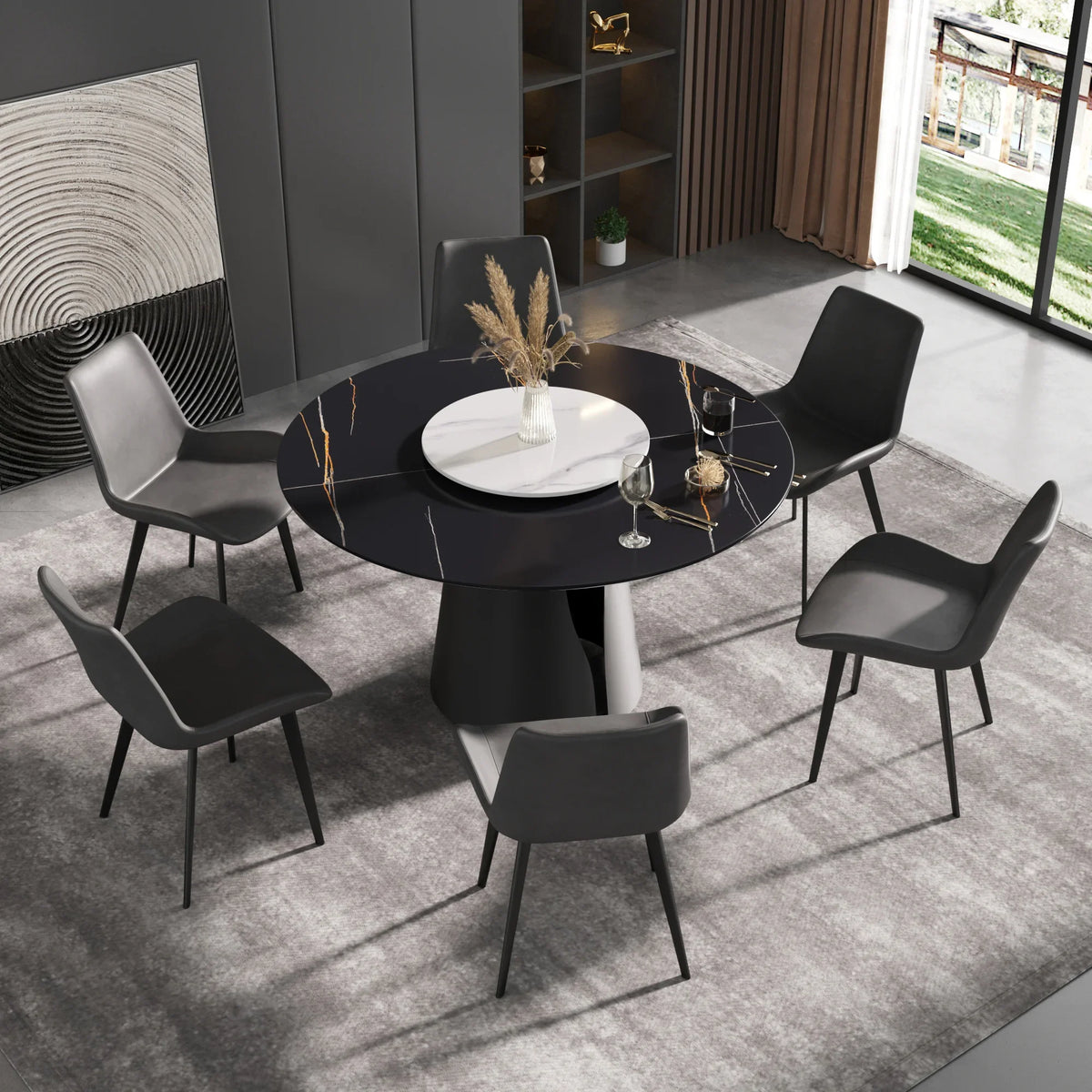 Marbella Sintered Stone Dining Table | 53" Matte Black Round With Lazy Susan Turntable