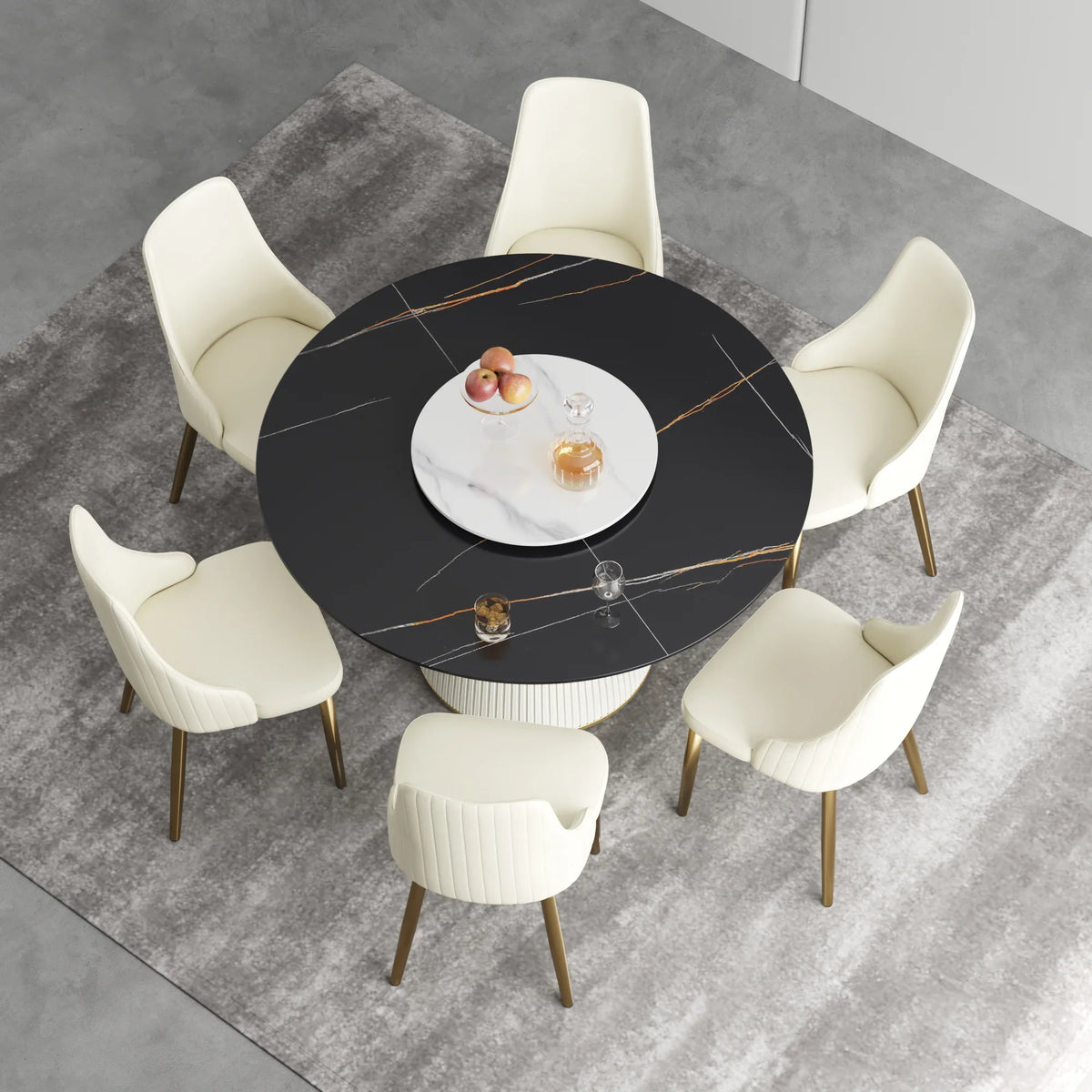 Marbella Sintered Stone Dining Table | 53" Matte Black Round With Lazy Susan Turntable