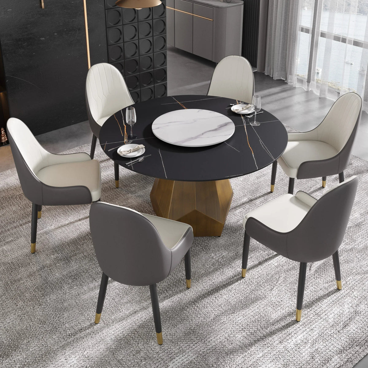 Marbella Sintered Stone Dining Table | 53" Matte Black Round With Lazy Susan Turntable