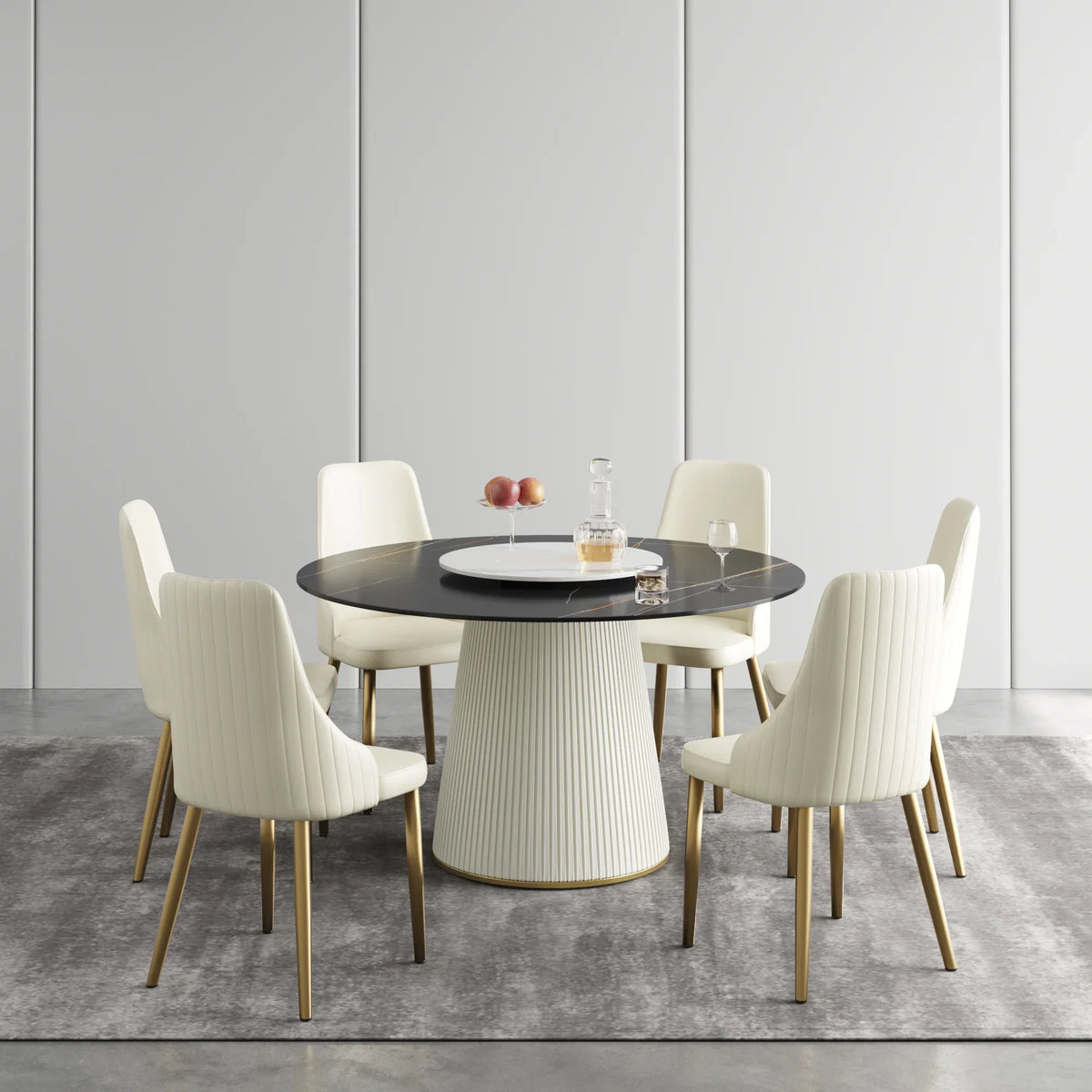 Marbella Sintered Stone Dining Table | 53" Matte Black Round With Lazy Susan Turntable
