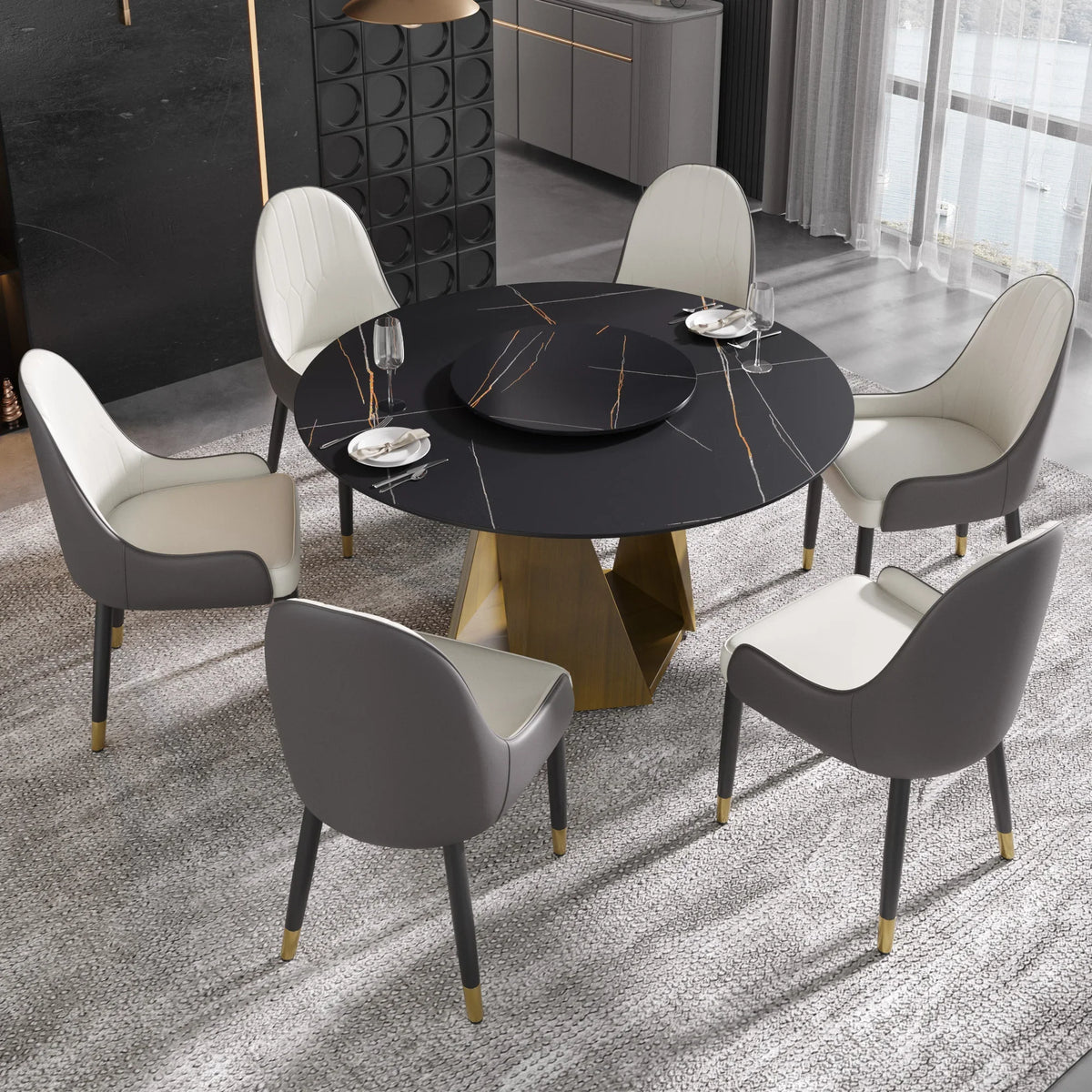 Marbella Sintered Stone Dining Table | 53" Matte Black Round With Lazy Susan Turntable