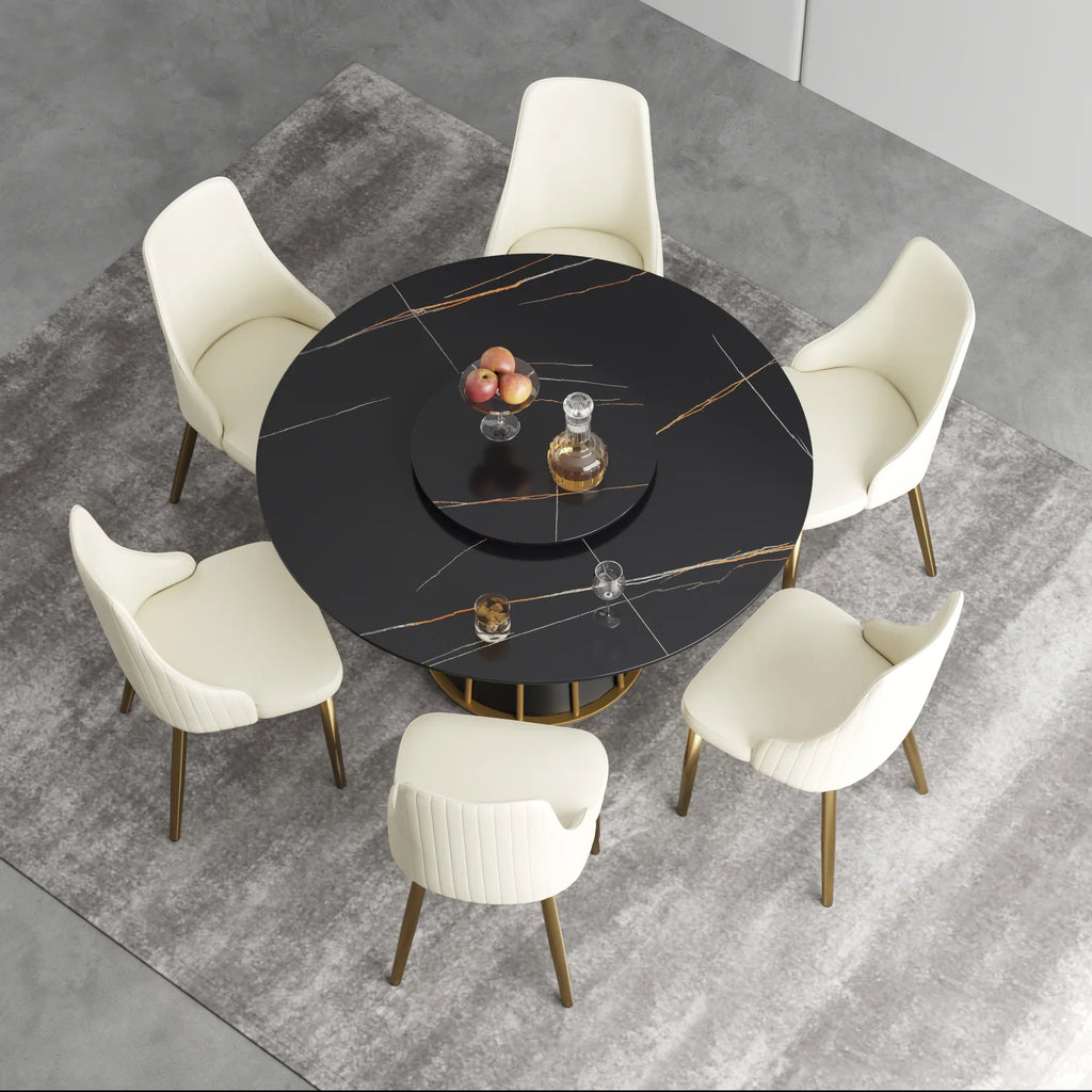 Marbella Sintered Stone Dining Table | 53" Matte Black Round With Lazy Susan Turntable