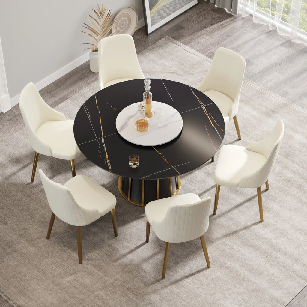 Marbella Sintered Stone Dining Table | 53" Matte Black Round With Lazy Susan Turntable