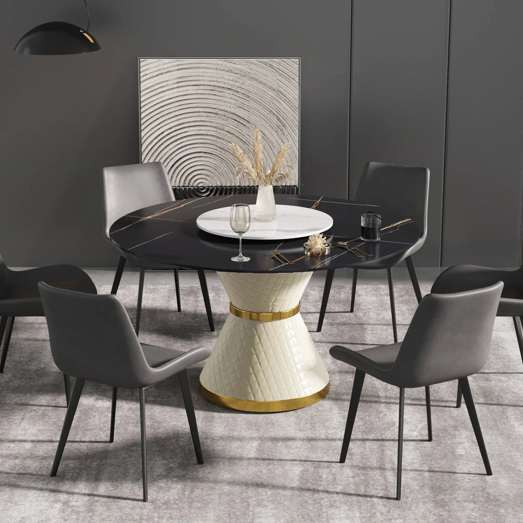 Marbella Sintered Stone Dining Table | 53" Matte Black Round With Lazy Susan Turntable