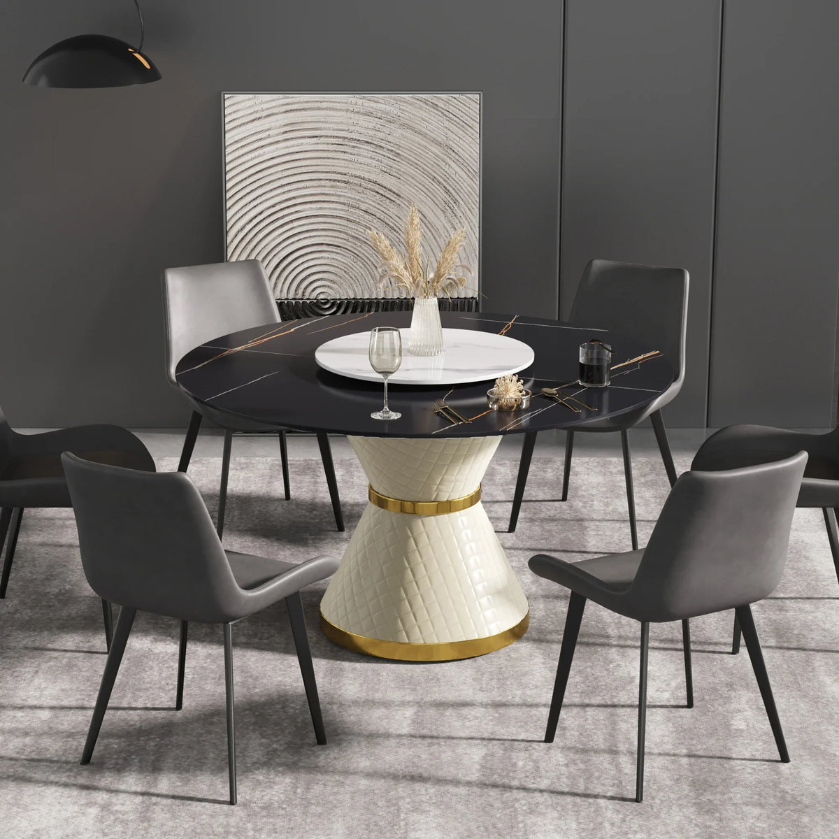 Marbella Sintered Stone Dining Table | 53" Matte Black Round With Lazy Susan Turntable