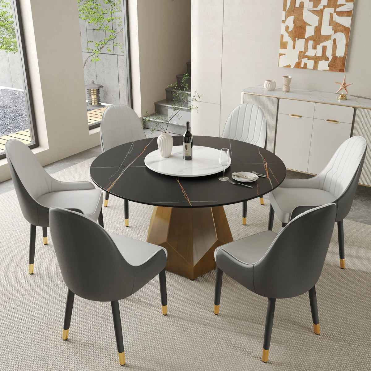 Marbella Sintered Stone Dining Table | 53" Matte Black Round With Lazy Susan Turntable