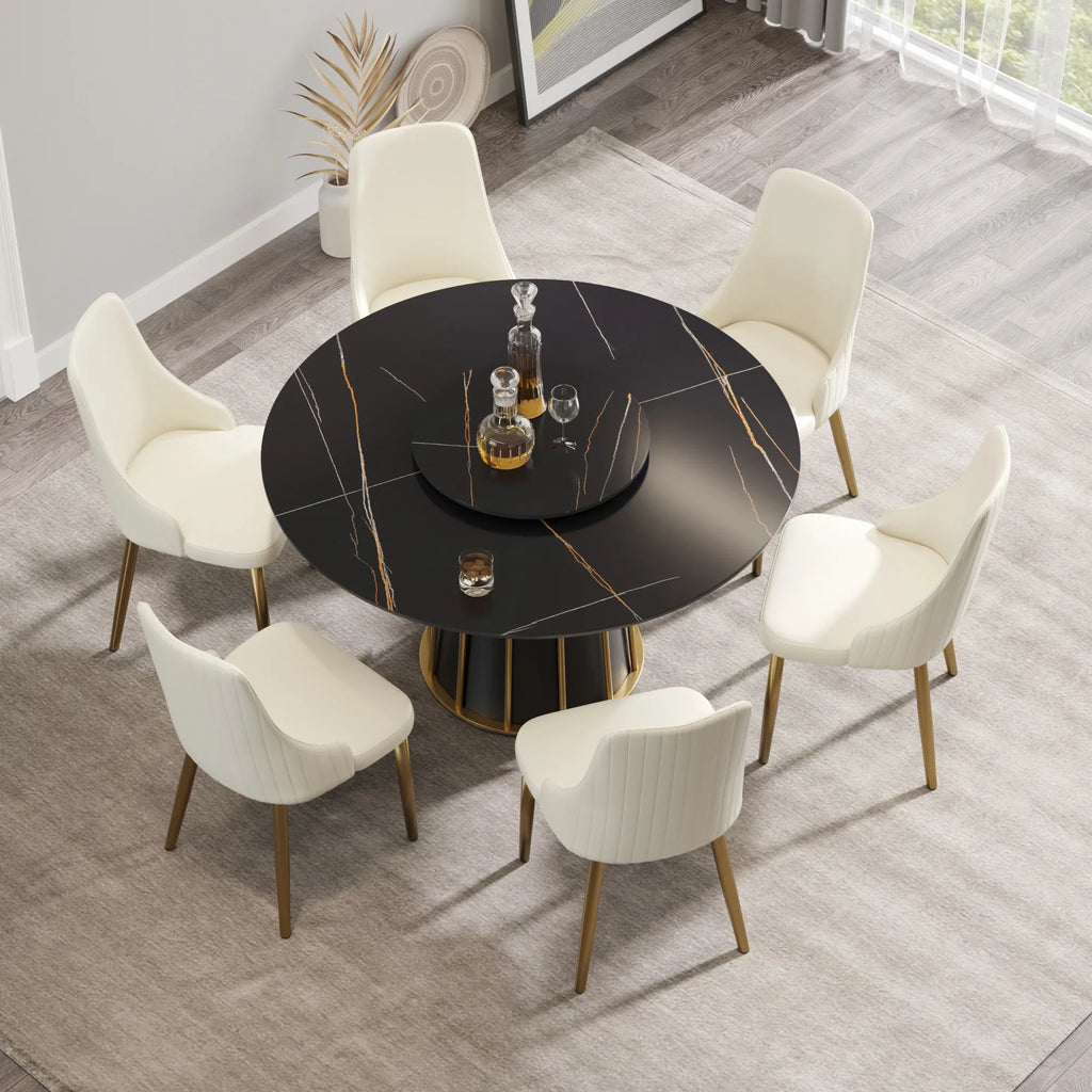 Marbella Sintered Stone Dining Table | 53" Matte Black Round With Lazy Susan Turntable
