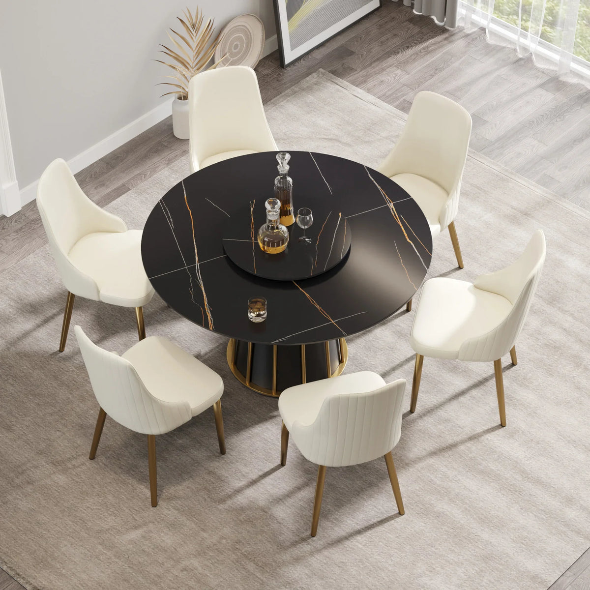 Marbella Sintered Stone Dining Table | 53" Matte Black Round With Lazy Susan Turntable