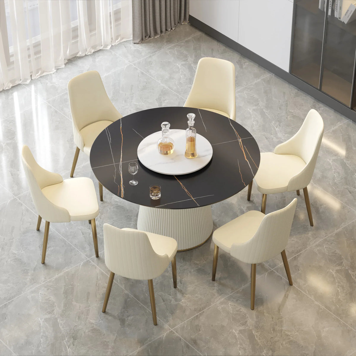 Marbella Sintered Stone Dining Table | 53" Matte Black Round With Lazy Susan Turntable