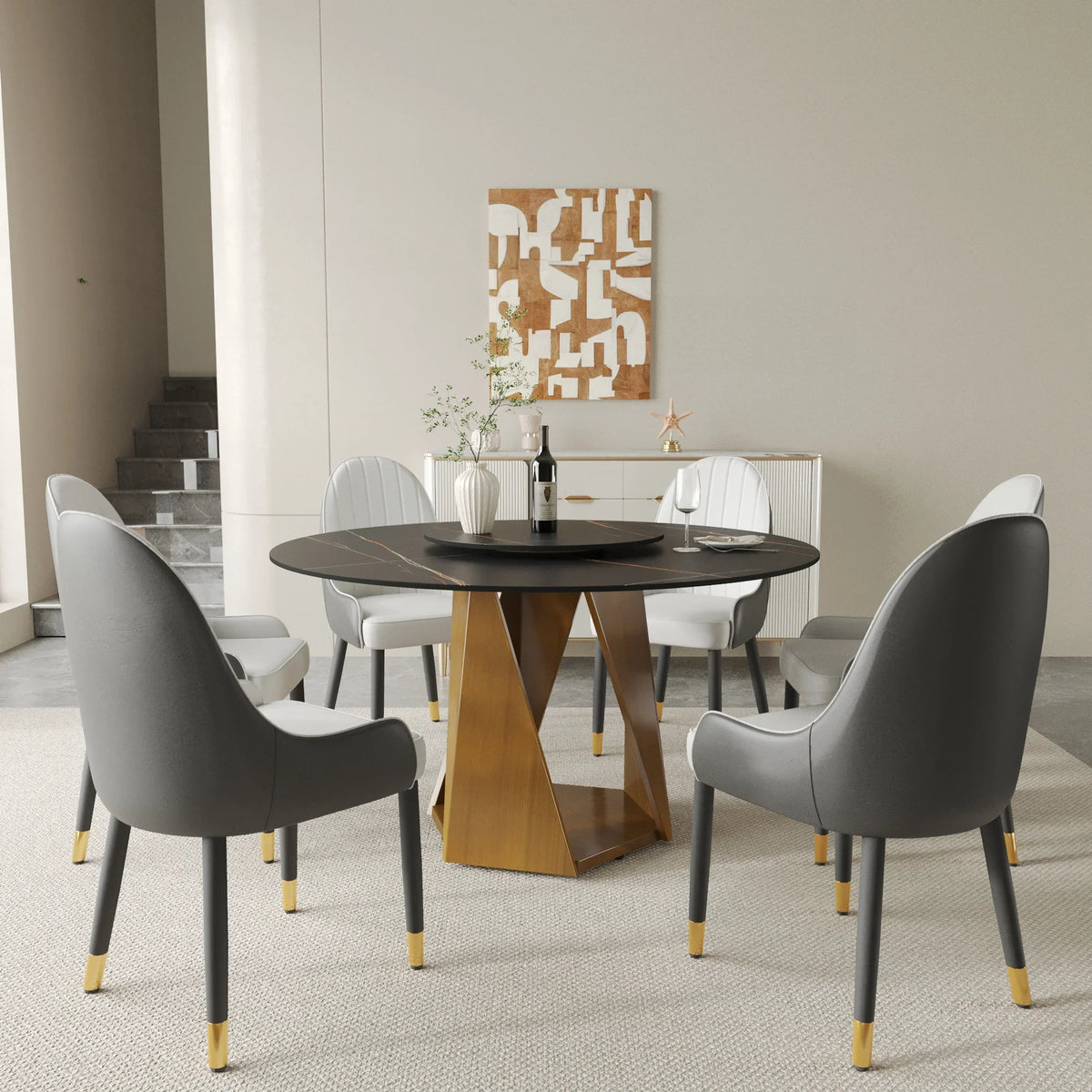 Marbella Sintered Stone Dining Table | 53" Matte Black Round With Lazy Susan Turntable