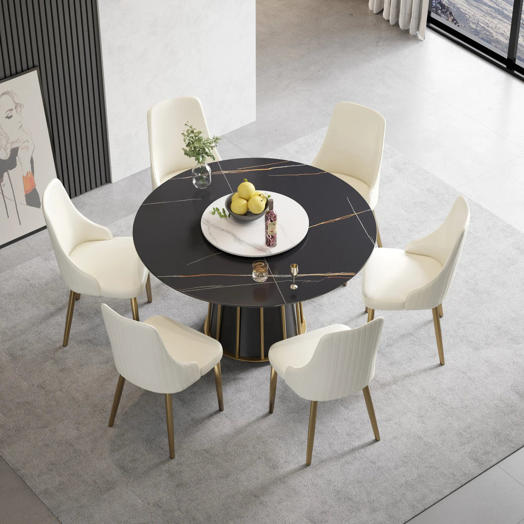 Marbella Sintered Stone Dining Table | 53" Matte Black Round With Lazy Susan Turntable