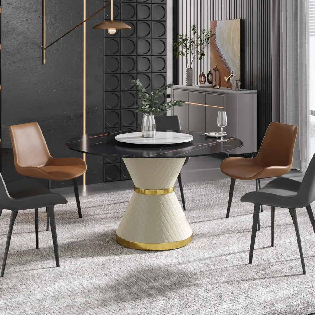 Marbella Sintered Stone Dining Table | 53" Matte Black Round With Lazy Susan Turntable