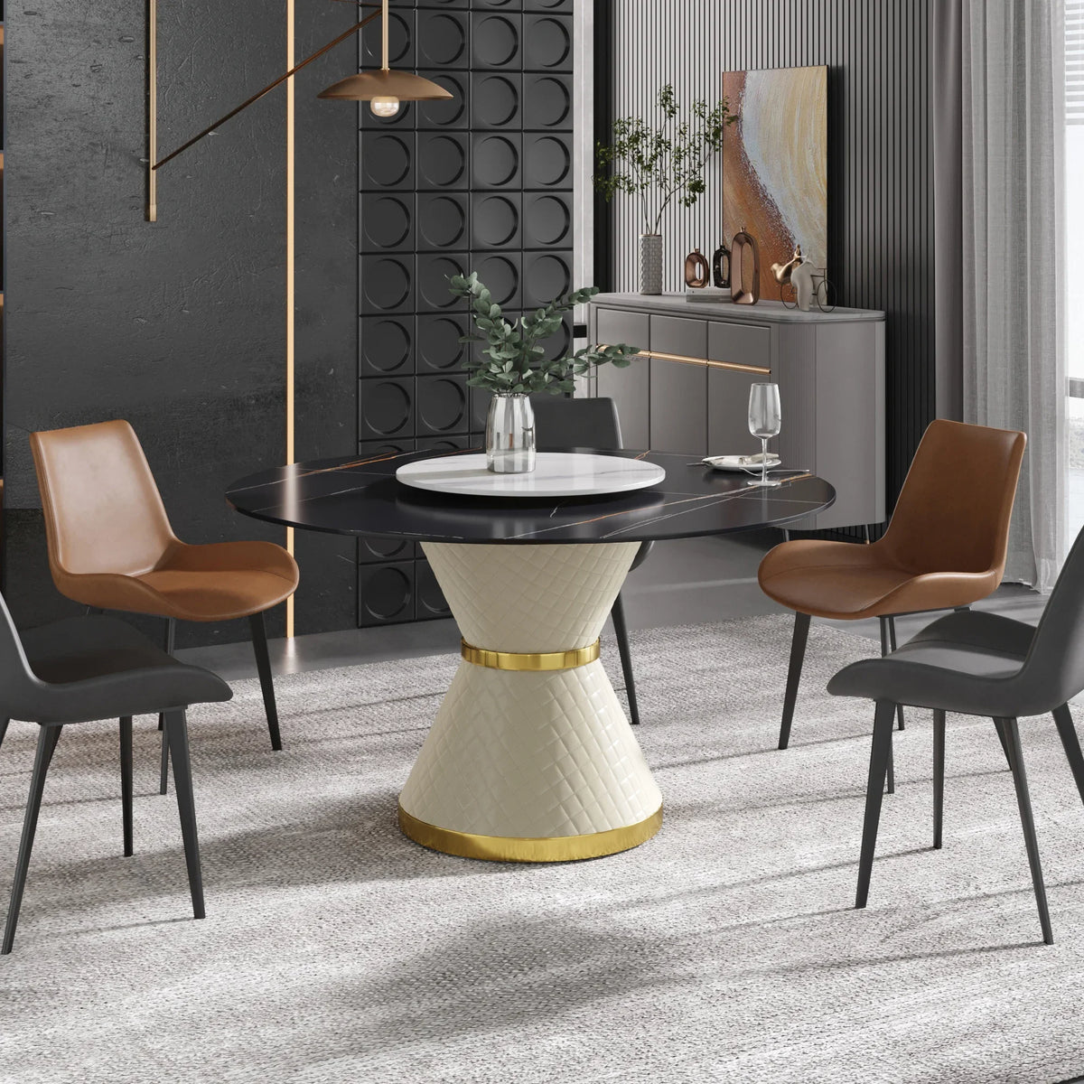 Marbella Sintered Stone Dining Table | 53" Matte Black Round With Lazy Susan Turntable
