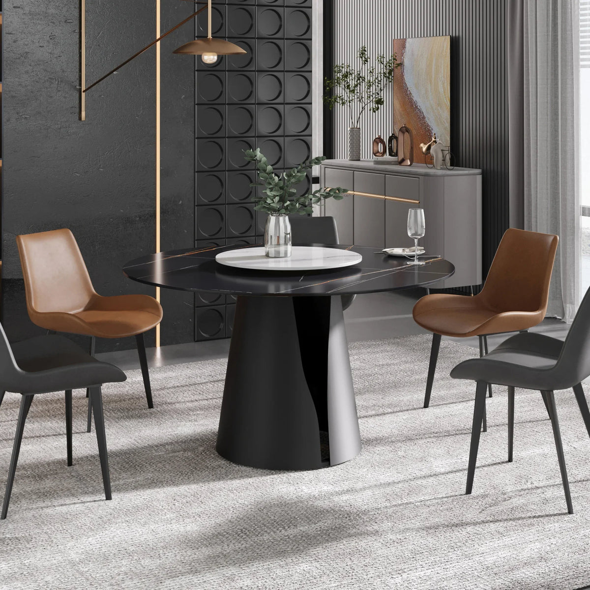 Marbella Sintered Stone Dining Table | 53" Matte Black Round With Lazy Susan Turntable