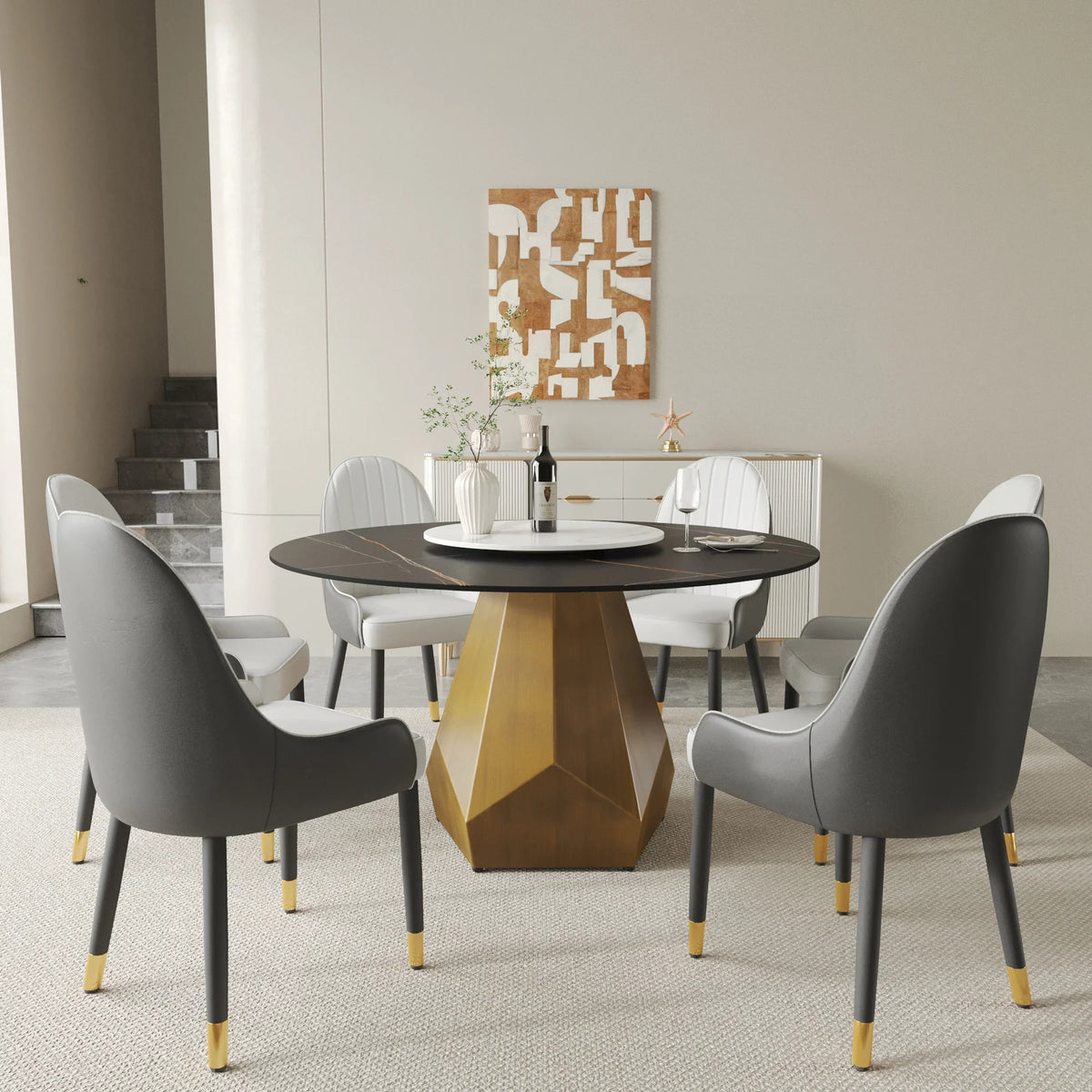 Marbella Sintered Stone Dining Table | 53" Matte Black Round With Lazy Susan Turntable