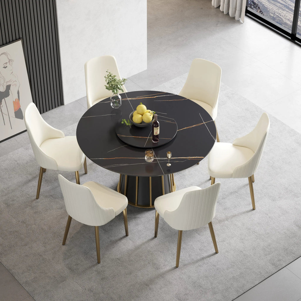 Marbella Sintered Stone Dining Table | 53" Matte Black Round With Lazy Susan Turntable