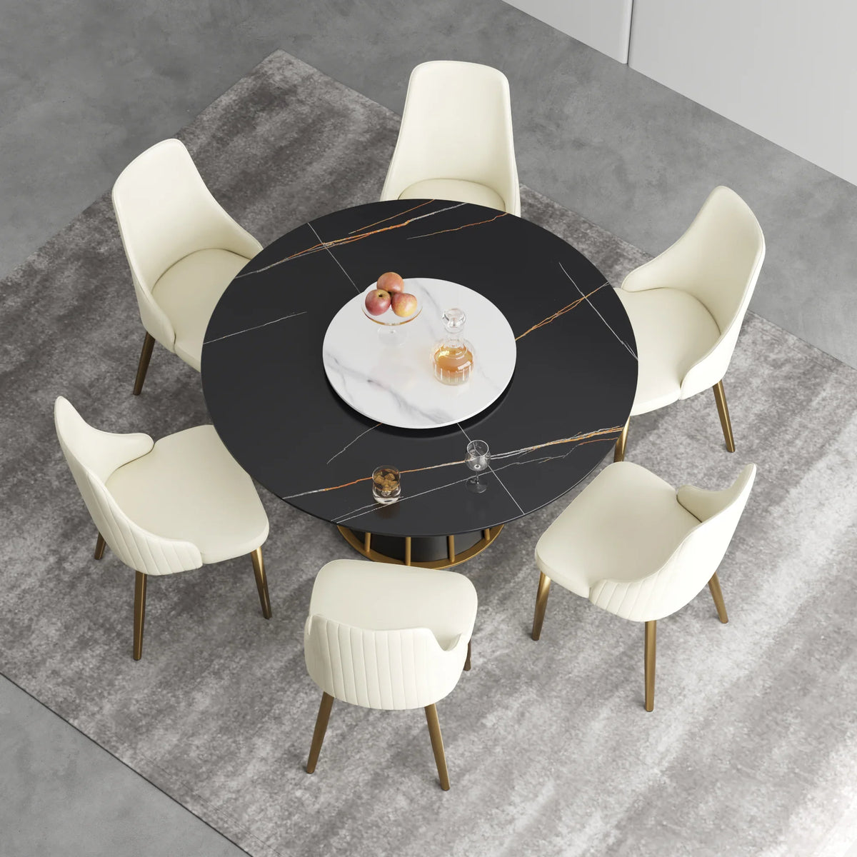 Marbella Sintered Stone Dining Table | 53" Matte Black Round With Lazy Susan Turntable
