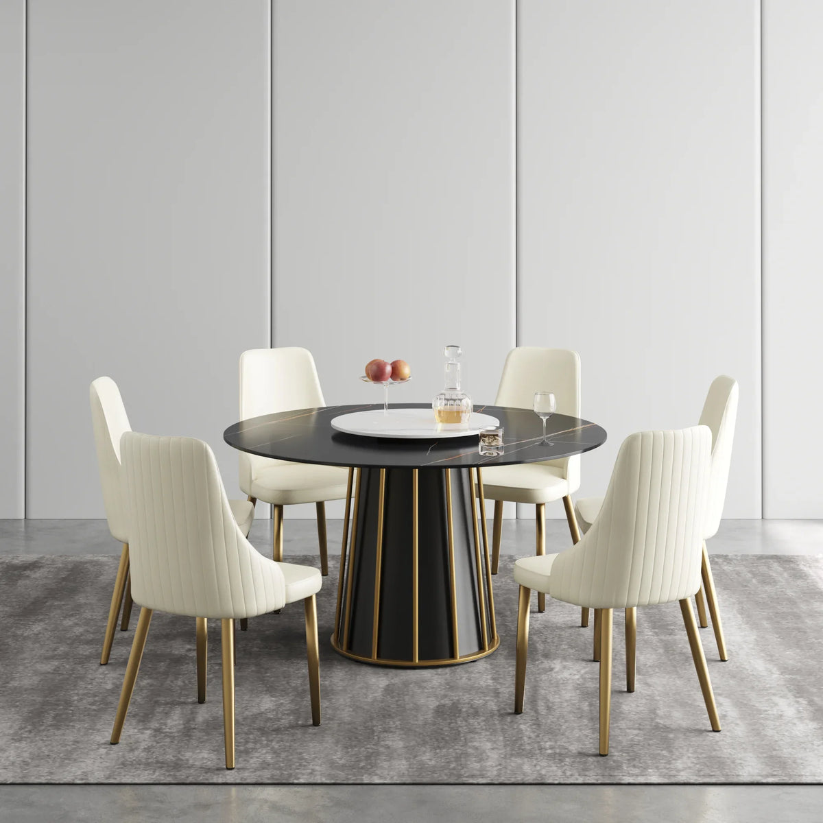 Marbella Sintered Stone Dining Table | 53" Matte Black Round With Lazy Susan Turntable
