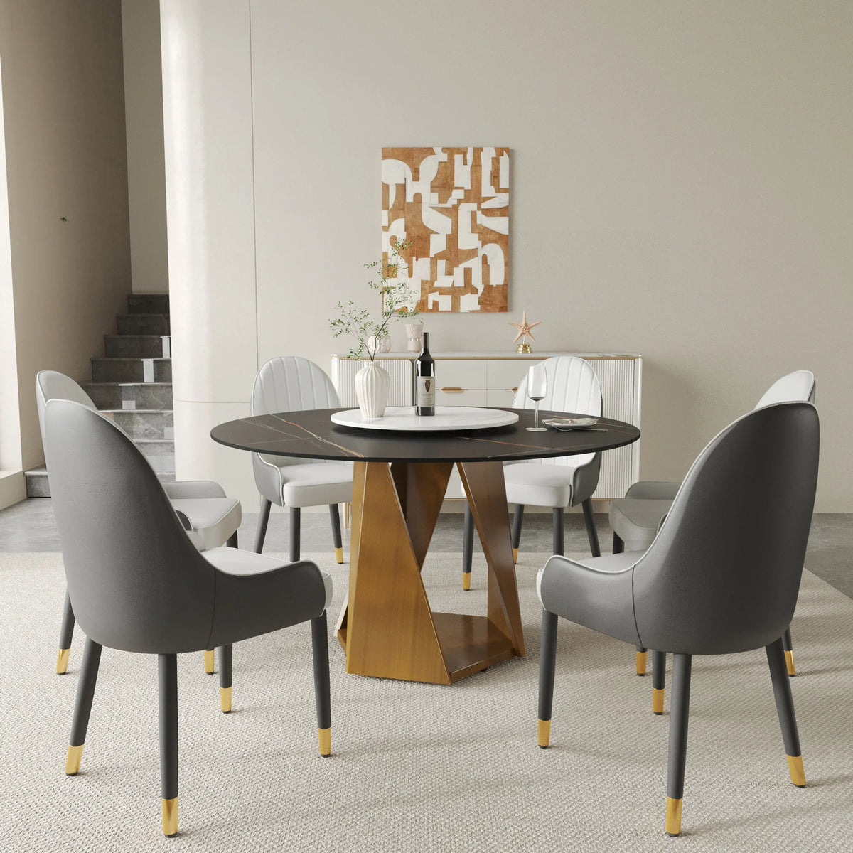 Marbella Sintered Stone Dining Table | 53" Matte Black Round With Lazy Susan Turntable