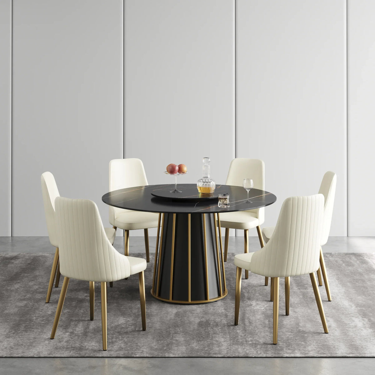 Marbella Sintered Stone Dining Table | 53" Matte Black Round With Lazy Susan Turntable