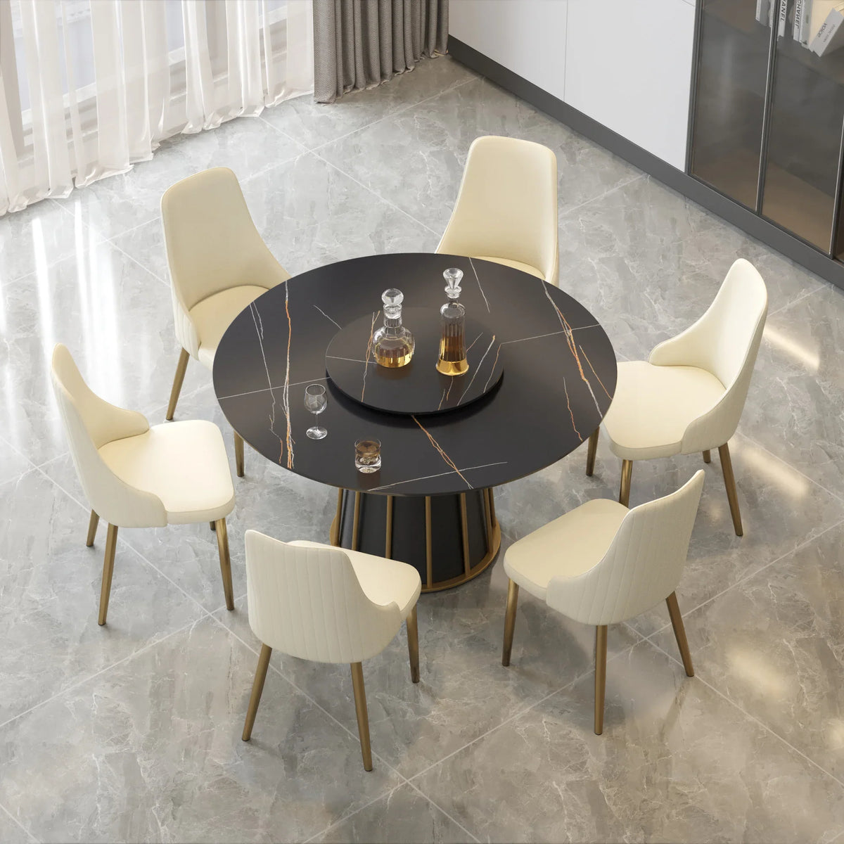 Marbella Sintered Stone Dining Table | 53" Matte Black Round With Lazy Susan Turntable