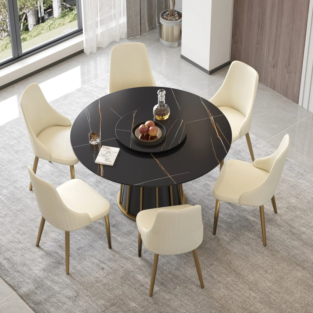 Marbella Sintered Stone Dining Table | 53" Matte Black Round With Lazy Susan Turntable