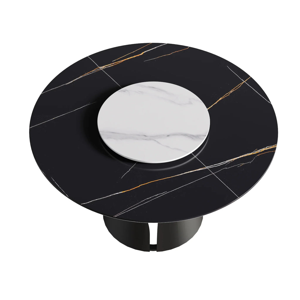 Marbella Sintered Stone Dining Table | 53" Matte Black Round With Lazy Susan Turntable