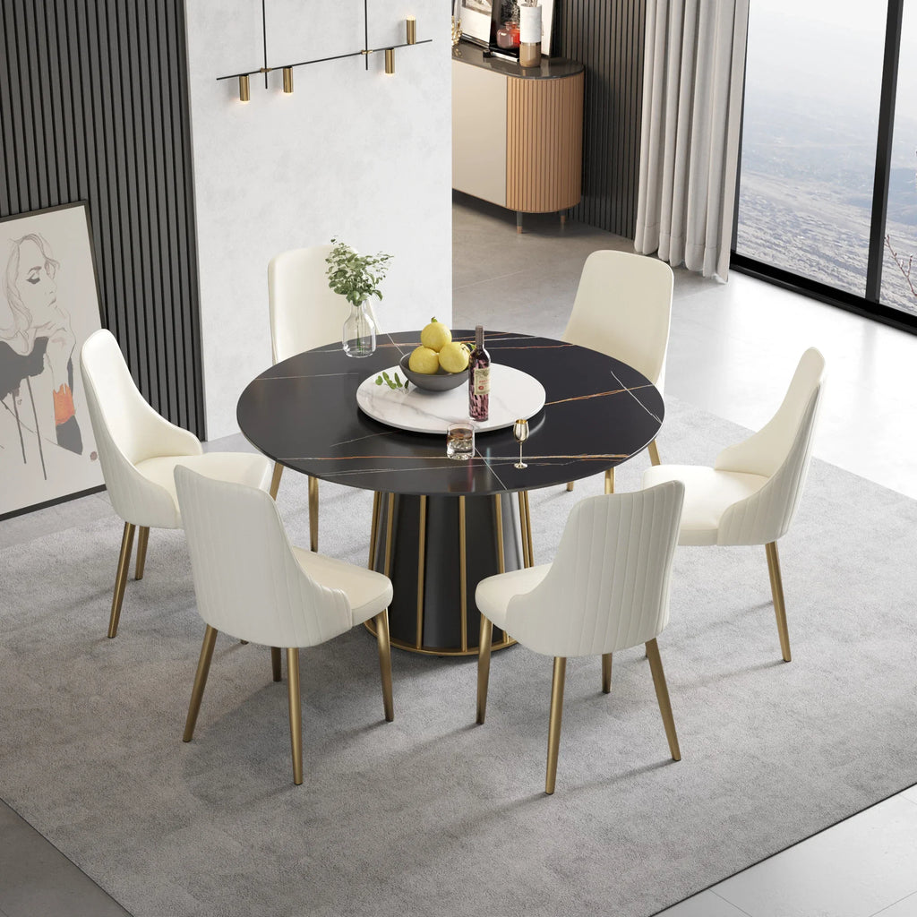 Marbella Sintered Stone Dining Table | 53" Matte Black Round With Lazy Susan Turntable