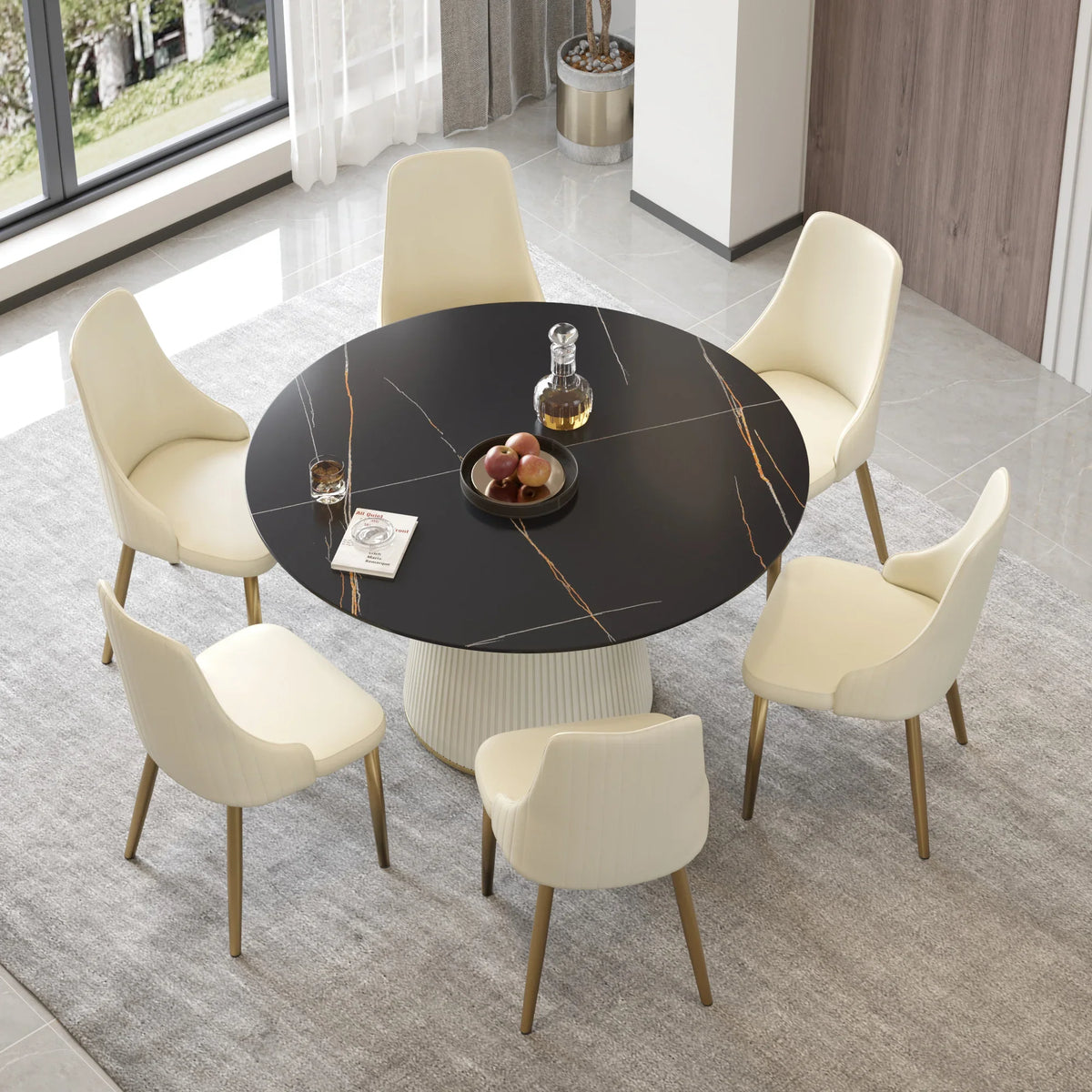 Marbella Sintered Stone Dining Table | 53" Matte Black Round With Leather-Covered Base