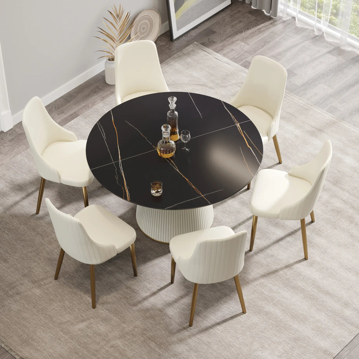 Marbella Sintered Stone Dining Table | 53" Matte Black Round With Leather-Covered Base