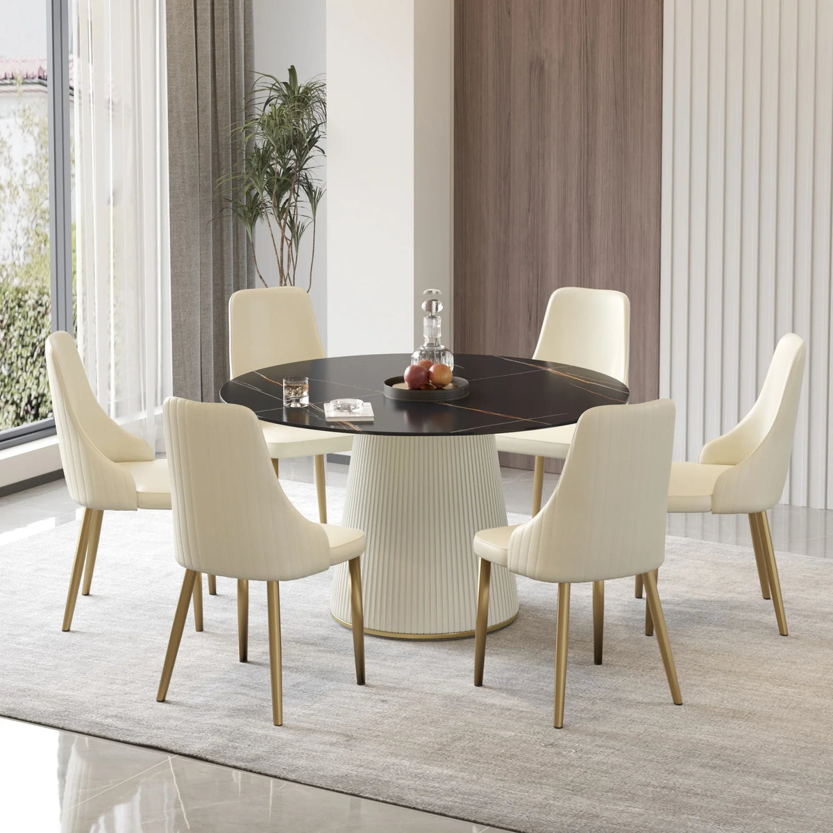 Marbella Sintered Stone Dining Table | 53" Matte Black Round With Leather-Covered Base