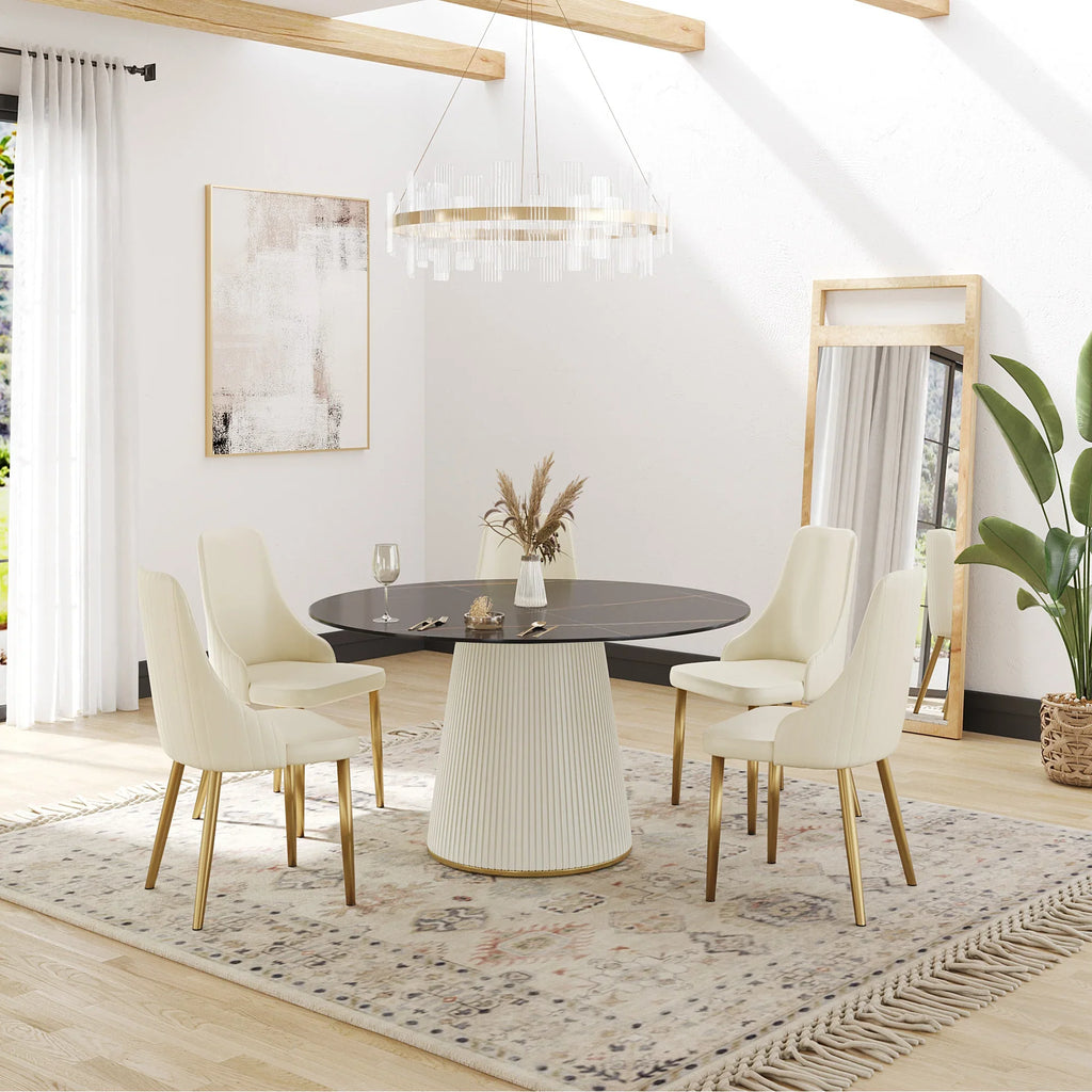 Marbella Sintered Stone Dining Table | 53" Matte Black Round With Leather-Covered Base